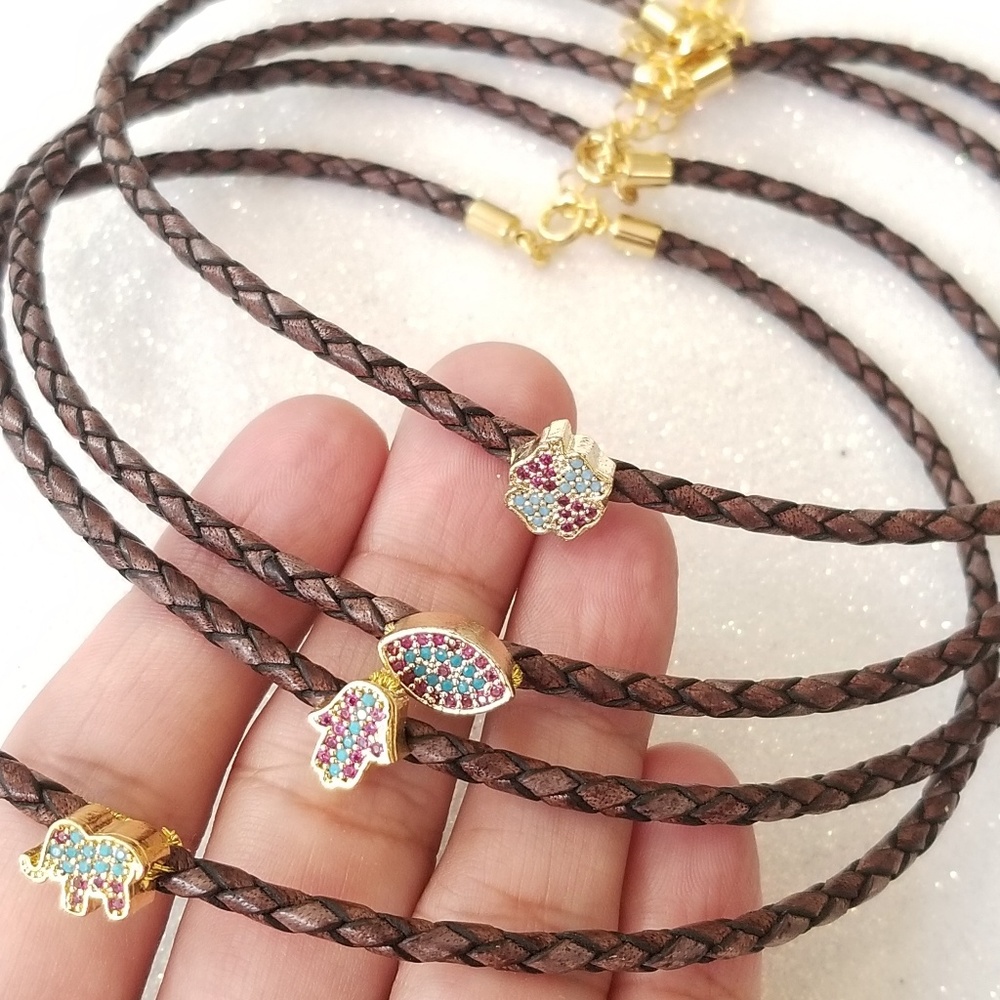 Antique brown leather braided choker necklace - Picture 2 of 7